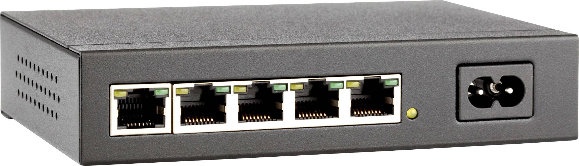 Een netwerk-switch met vijf Ethernet-poorten en een stroomaansluiting aan de rechterkant.
