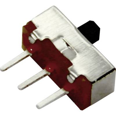 Driepolige schakelaar van opzij gezien, zilverkluis behuizing met rode basis en zwarte hefboom, voor elektronische schakelingen.