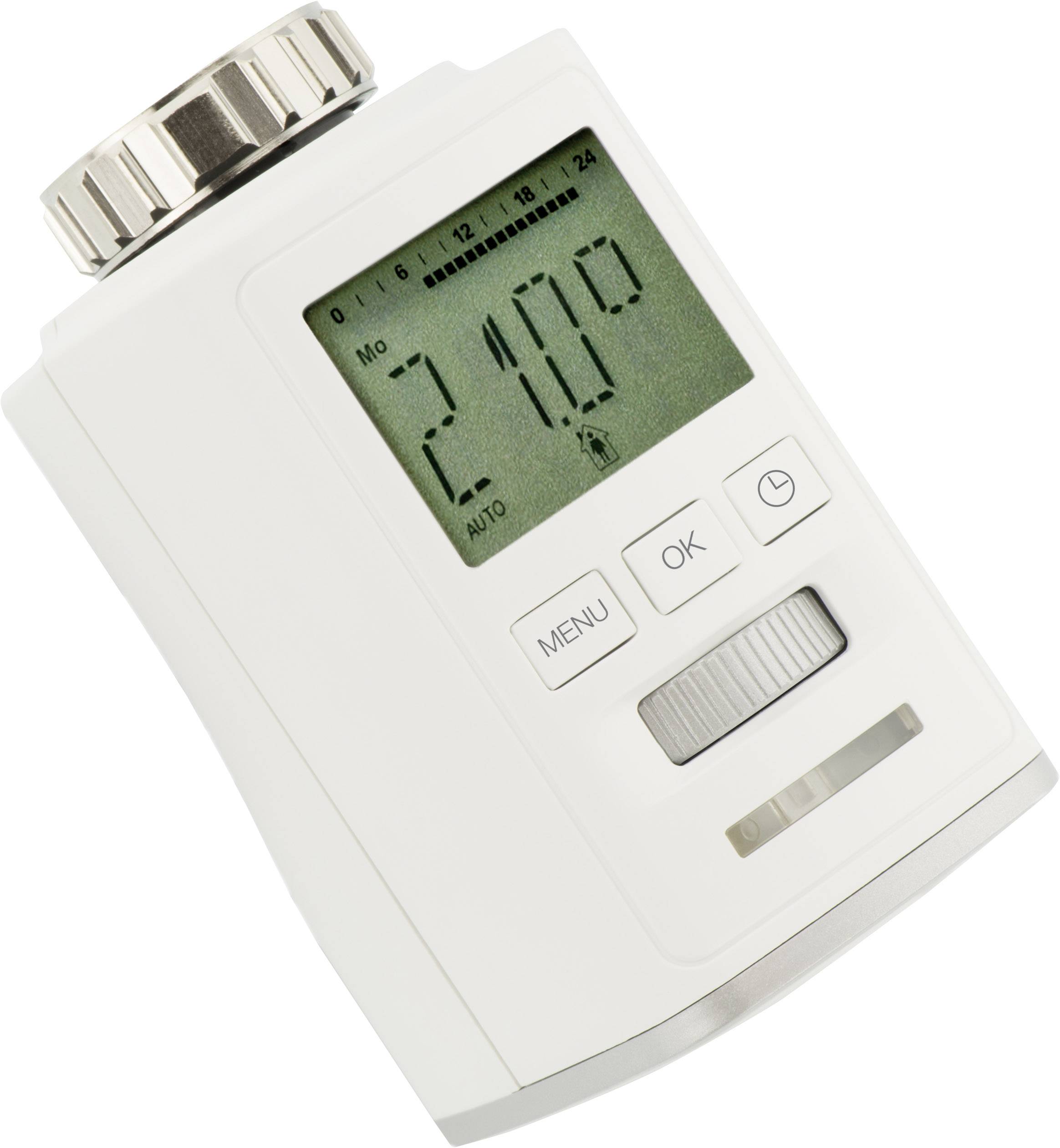 Elektronische radiatorthermostaat in wit met digitaal display, toont temperatuur 21,0°C. Toetsen voor menu, OK en draaiknop.