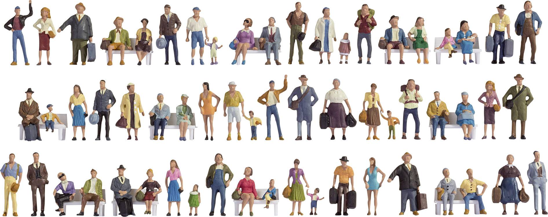 Verschillende miniatuurfiguren van mannen, vrouwen en kinderen in verschillende houdingen en outfits, die diversiteit en alledaagse taferelen vertegenwoordigen.