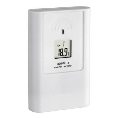 Een wit hygro-thermo-apparaat met een digitaal display toont '18,9°C'. Het is ingesteld voor kanaal 1.