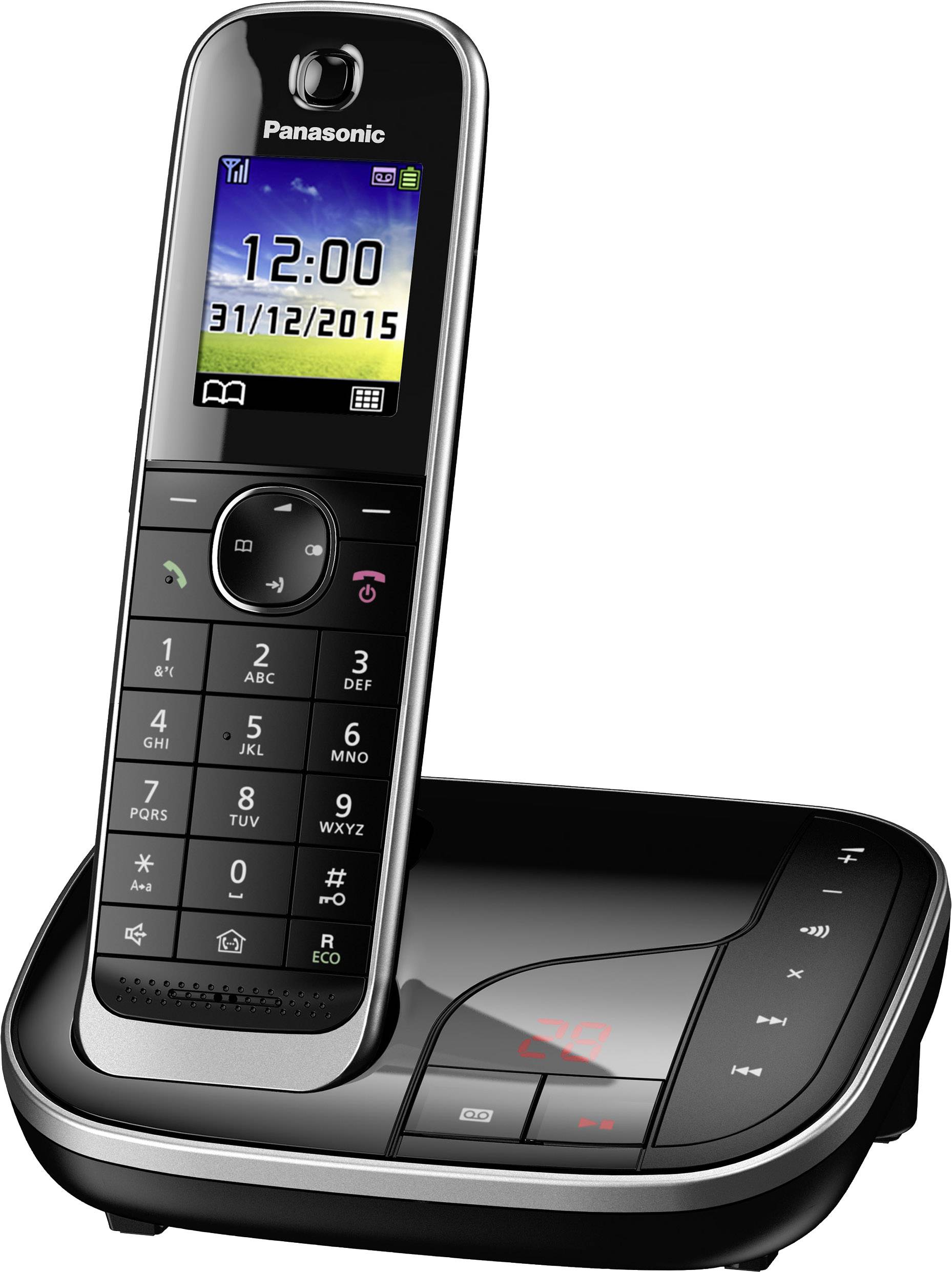 Draadloze telefoon van het merk Panasonic, display toont '31/12/2015' en tijd '12:00'. Basisstation met verlicht rood display.