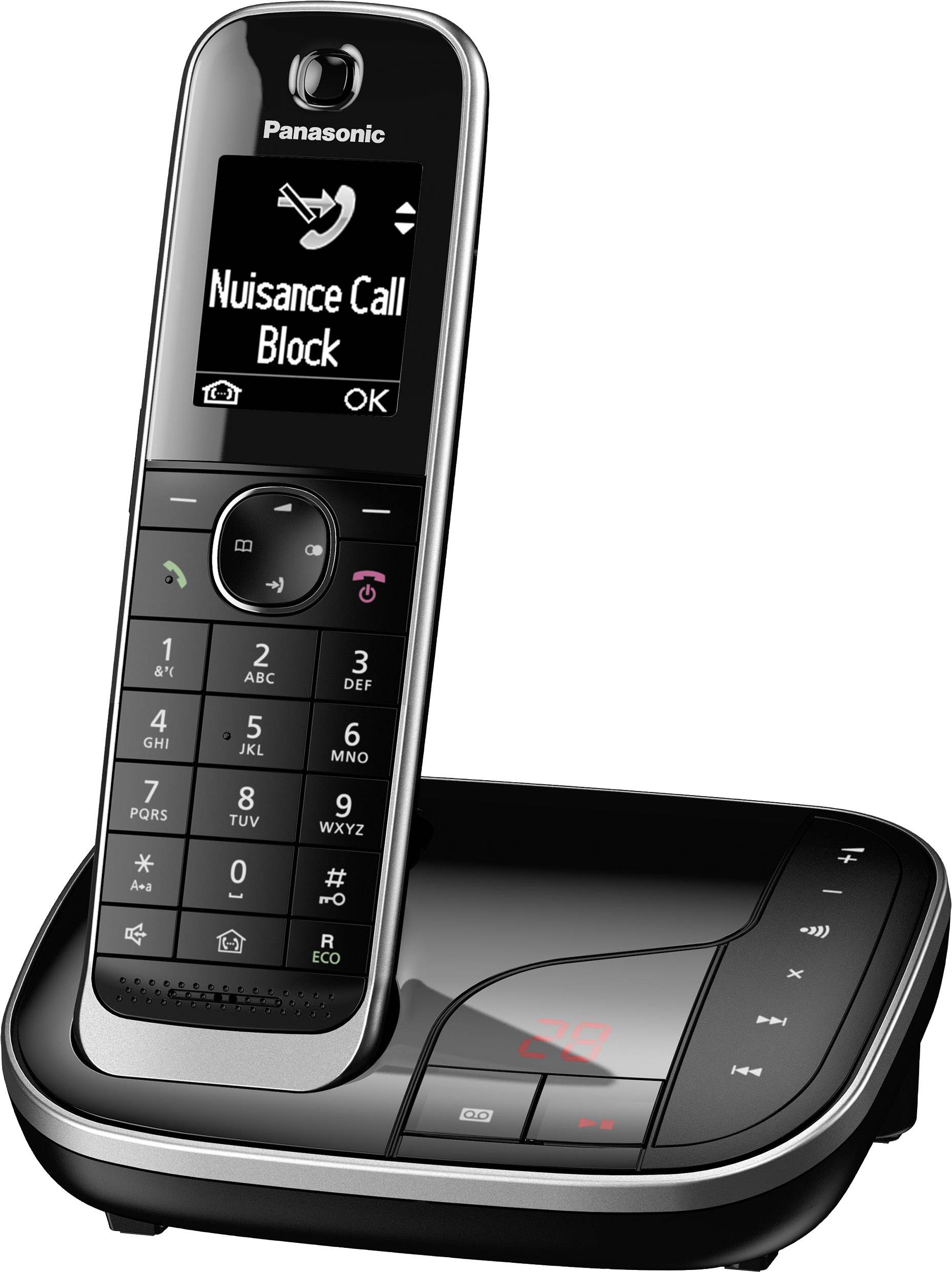 Een zwarte, snoerloze Panasonic-telefoon met oproepblokkeeringsfunctie op een laadstation.