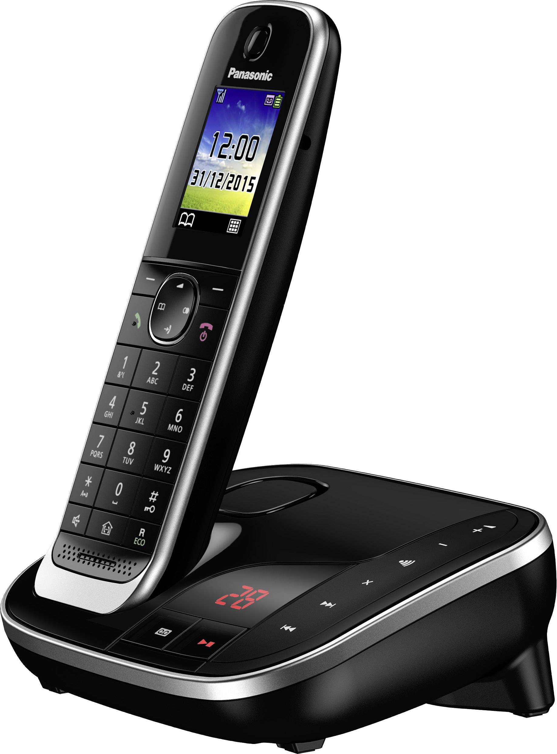 Een draadloze telefoon met laadstation, digitaal display en toetsenbord. Het display toont de tijd 12:00 en de datum 31-12-2015.