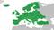 De kaart toont Europa in het groen, met een duidelijke afbakening ten opzichte van aangrenzende regio's in het grijs. Landsgrenzen binnen Europa zijn zichtbaar.
