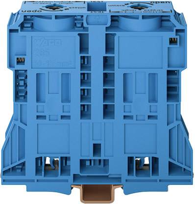 Blauwe elektrische aansluitklem voor het aansluiten van kabels, met zichtbare metalen aansluitpunten en aan de zijkant voorzien van markeringen.
