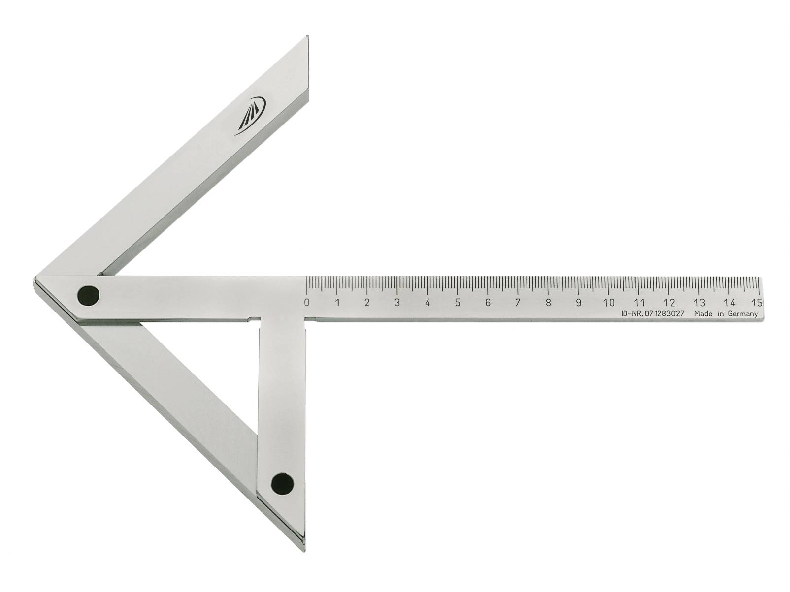 Een zilveren gradenboog met geïntegreerd meetlat toont een hoek van 90 graden. Rechts bevindt zich een schaal van 0 tot 15 cm.
