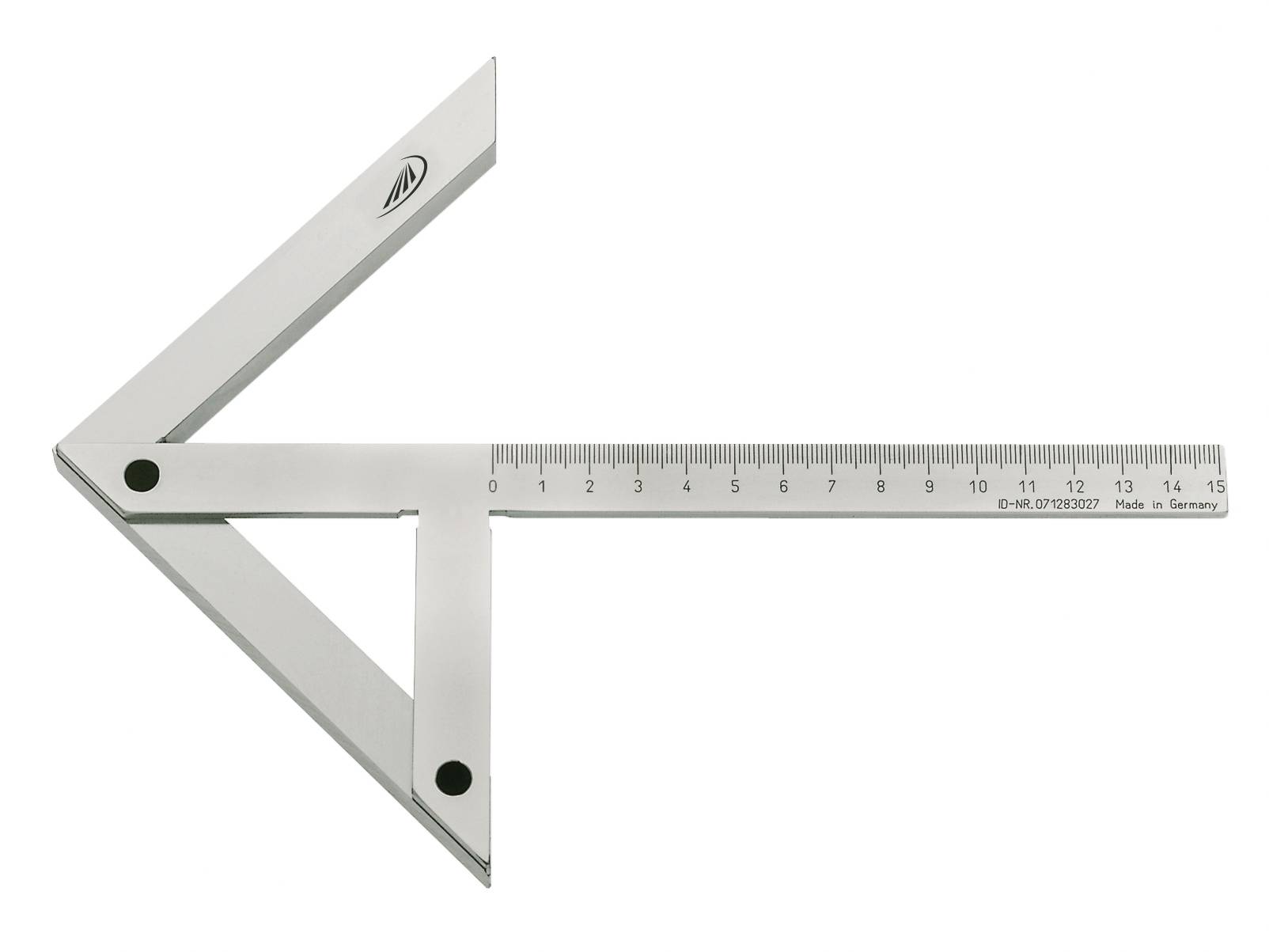 Een zilveren geodriehoek met een liniaal die gemarkeerd is van 0 tot 15 cm. Rechtsboven bevindt zich het logo van de fabrikant.