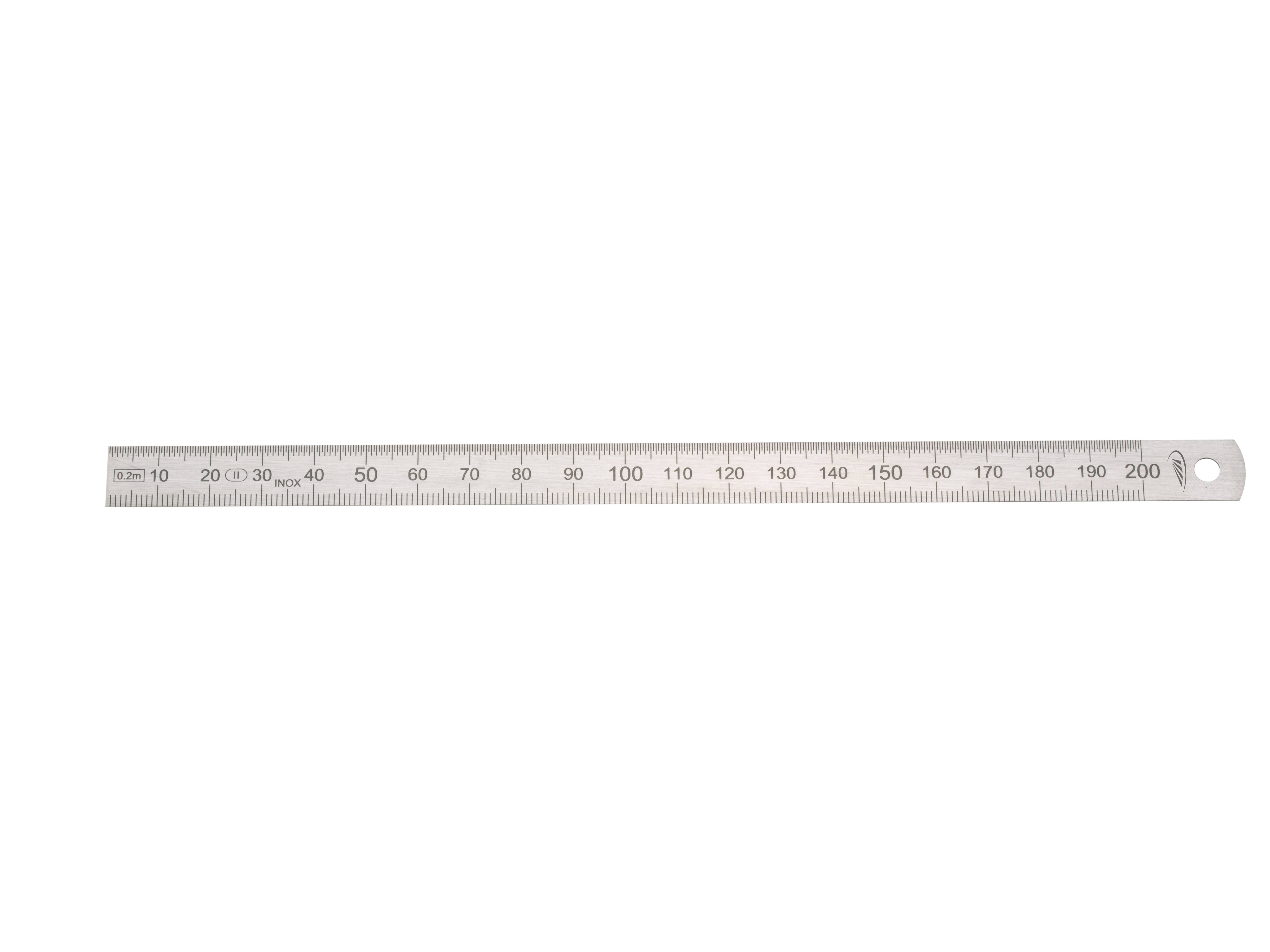 Een zilveren metalen liniaal die is gemarkeerd in centimeters en millimeters van 0 tot 200.