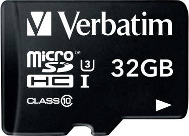 Zwarte Verbatim MicroSDHC-geheugenkaart met 32GB capaciteit, U3-classificatie en klasse 10.