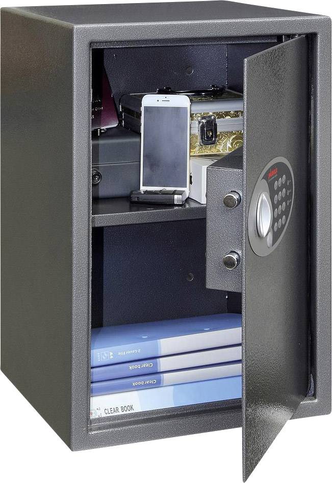 Open kluis met een elektronisch slot, waarin bovenin een smartphone en een geldkistje zijn opgeborgen en onderaan verschillende mappen worden bewaard.