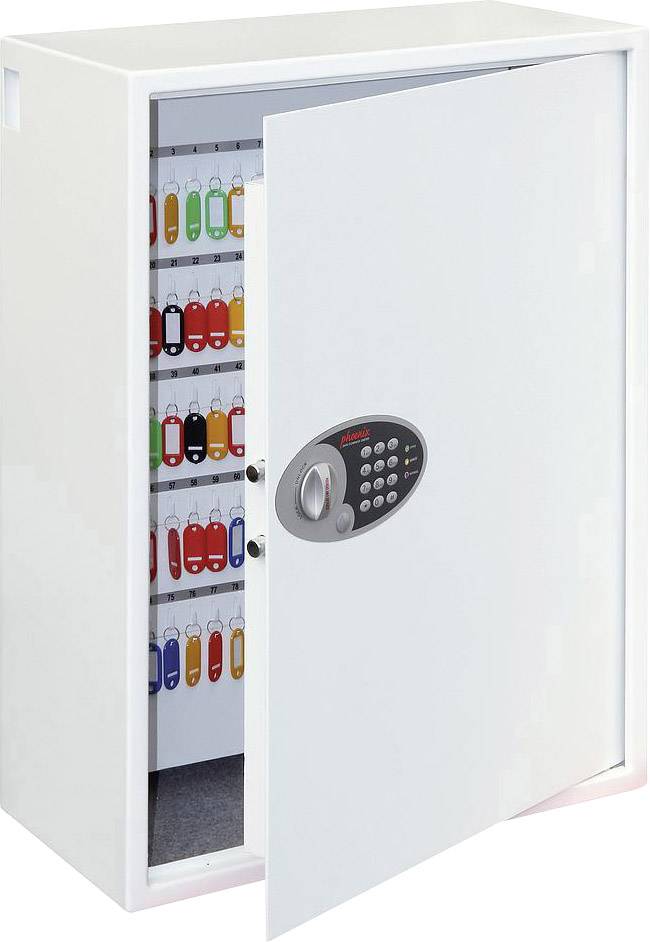 Geopende kluis met sleutels aan gekleurde hangers in meerdere rijen, zichtbaar door de open deur. Elektronisch cijferslot.