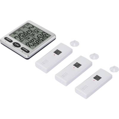Digitale thermo-hygrometer met drie draadloze sensoren. Toont temperatuur en luchtvochtigheid voor binnen- en buitenruimtes.
