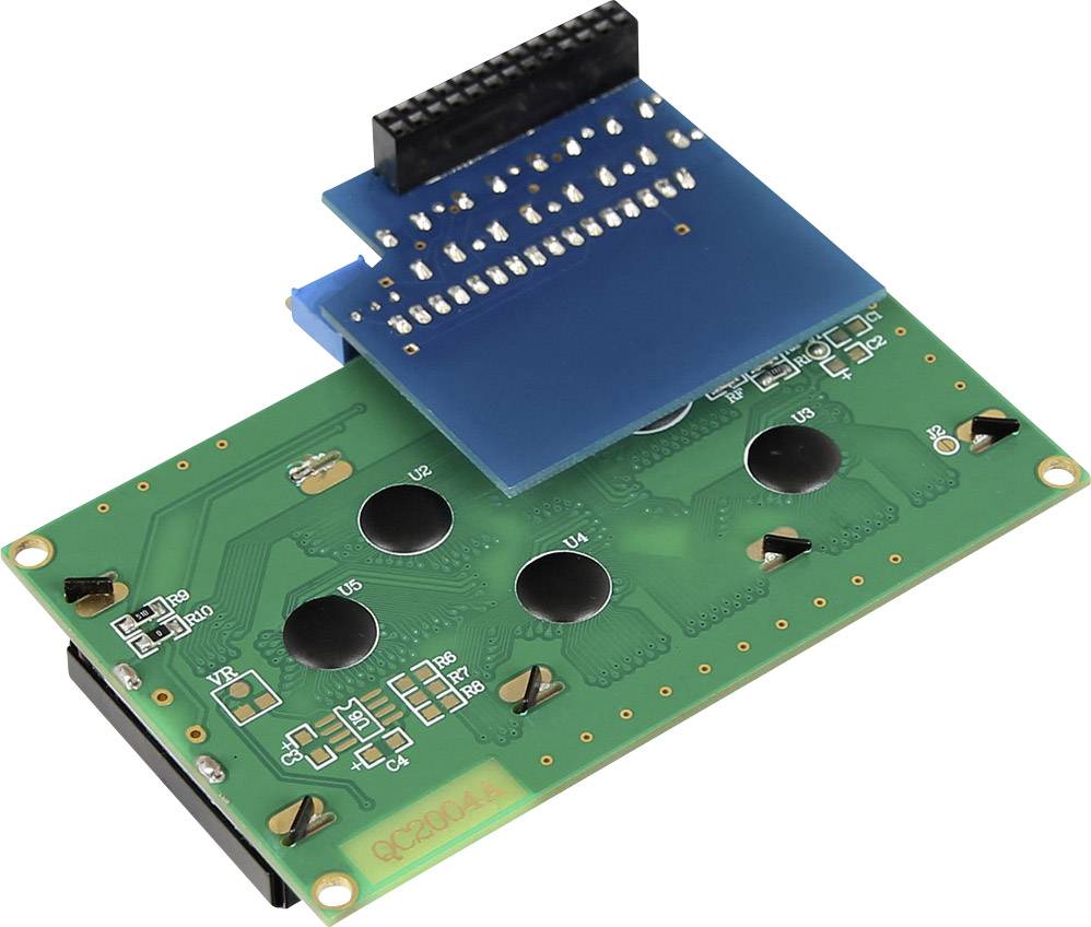 Groene elektronische schakeling met vier zwarte toetsen en een blauwe aansluitplaat.