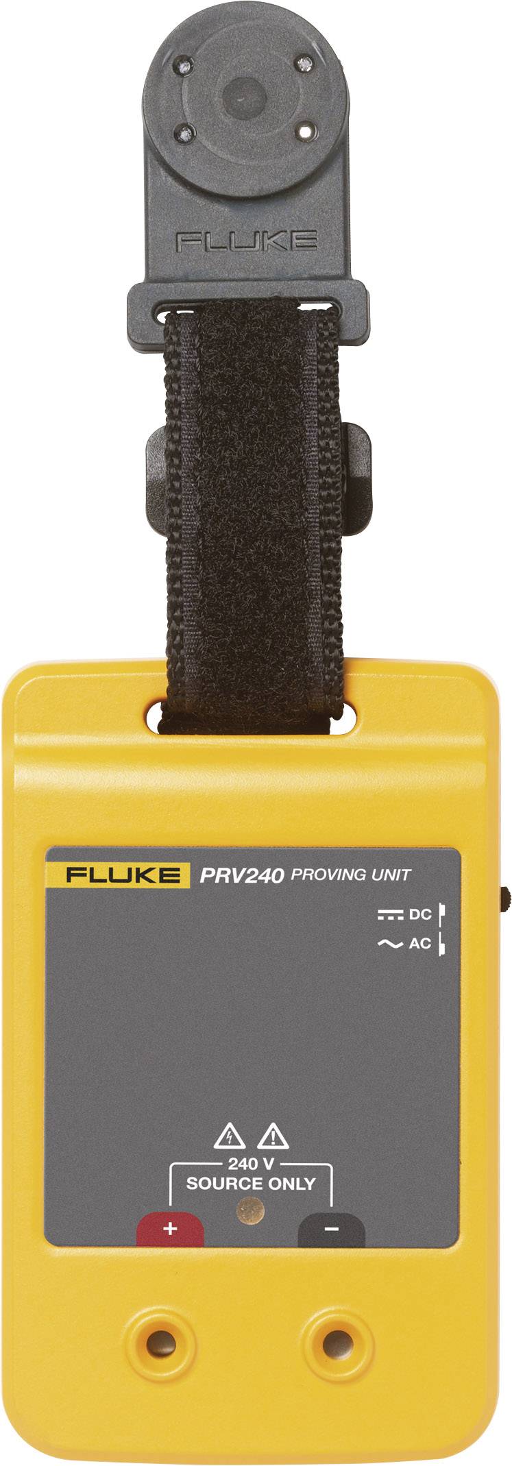 Een gele, draagbare testunit met het opschrift 'FLUKE PRV240 Proving Unit'. Het heeft aansluitingen en een bevestigingsbeugel.