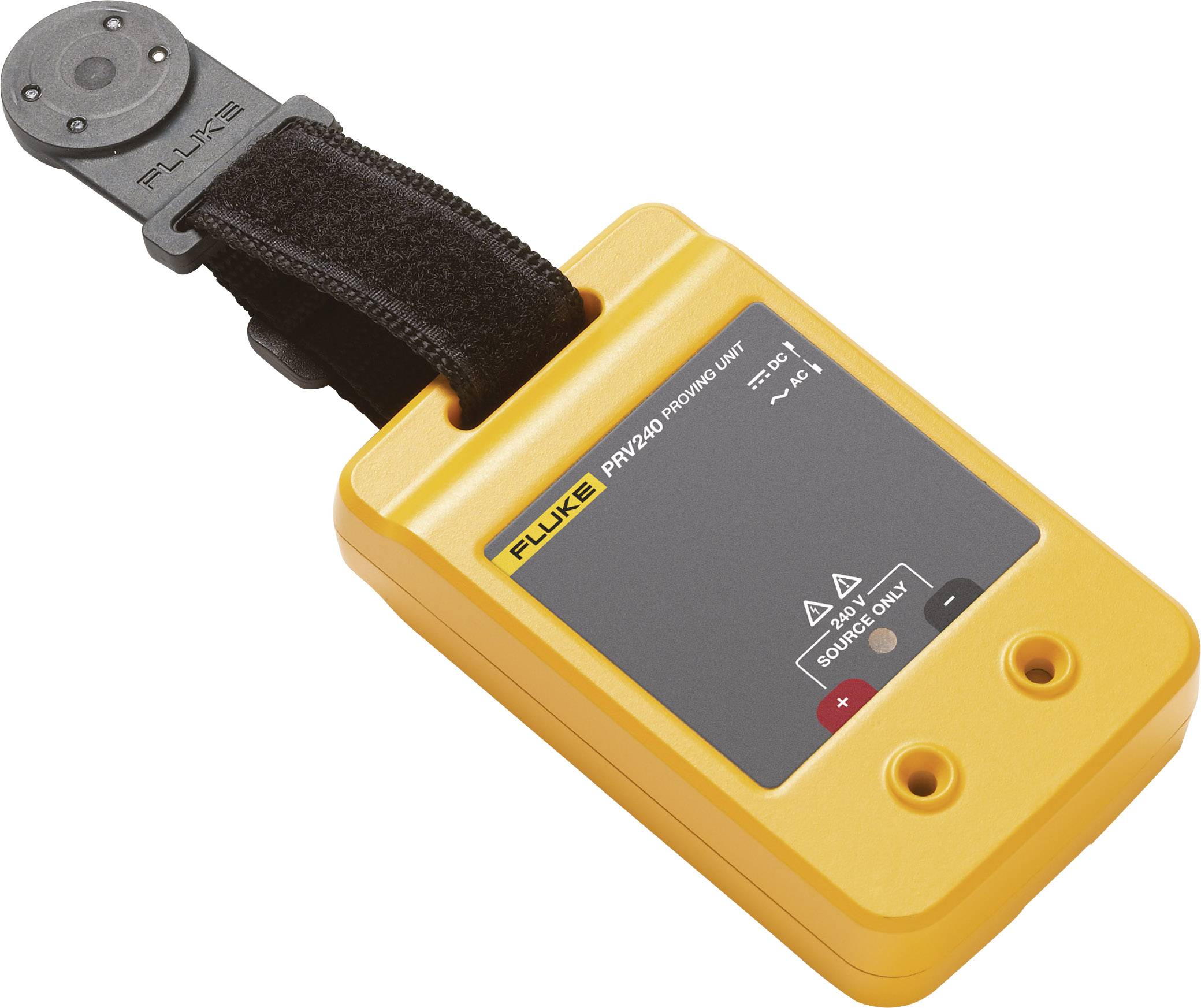 Draagbare, gele elektrische testadapter met zwarte polsband. Apparaat toont plus- en minusaansluitingen en vermeldt 'FLUKE PVS-1000'.