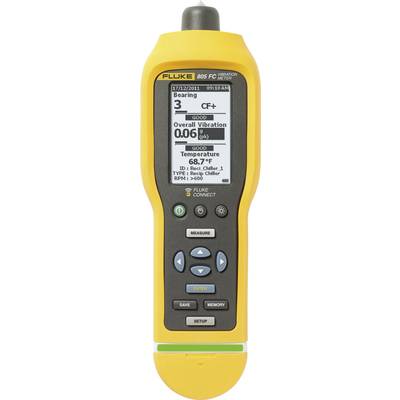 Een draagbaar vibratiemeetapparaat met display. Toont informatie zoals 'Totale Trilling', temperatuur, datum en tijd.