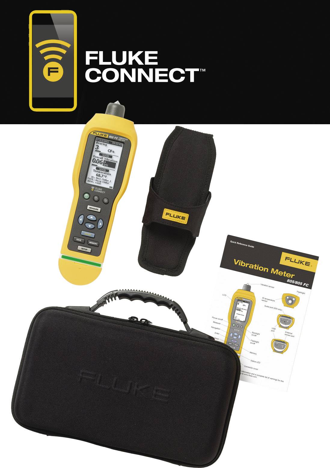 Fluke Trillingsmeter met tas, holster en gebruiksaanwijzing voor het meten van trillingen. Bovenaan het 'Fluke Connect' logo.
