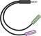 Adapterkabel met een 3,5-mm-jackplug en twee gekleurde jackbussen, groen en roze, voor audioverbindingen.