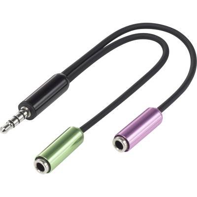 Een adapterkabel met een zwarte 3,5-mm-stekker die is verdeeld in twee aansluitingen - een groene voor koptelefoon en een roze voor microfoon.