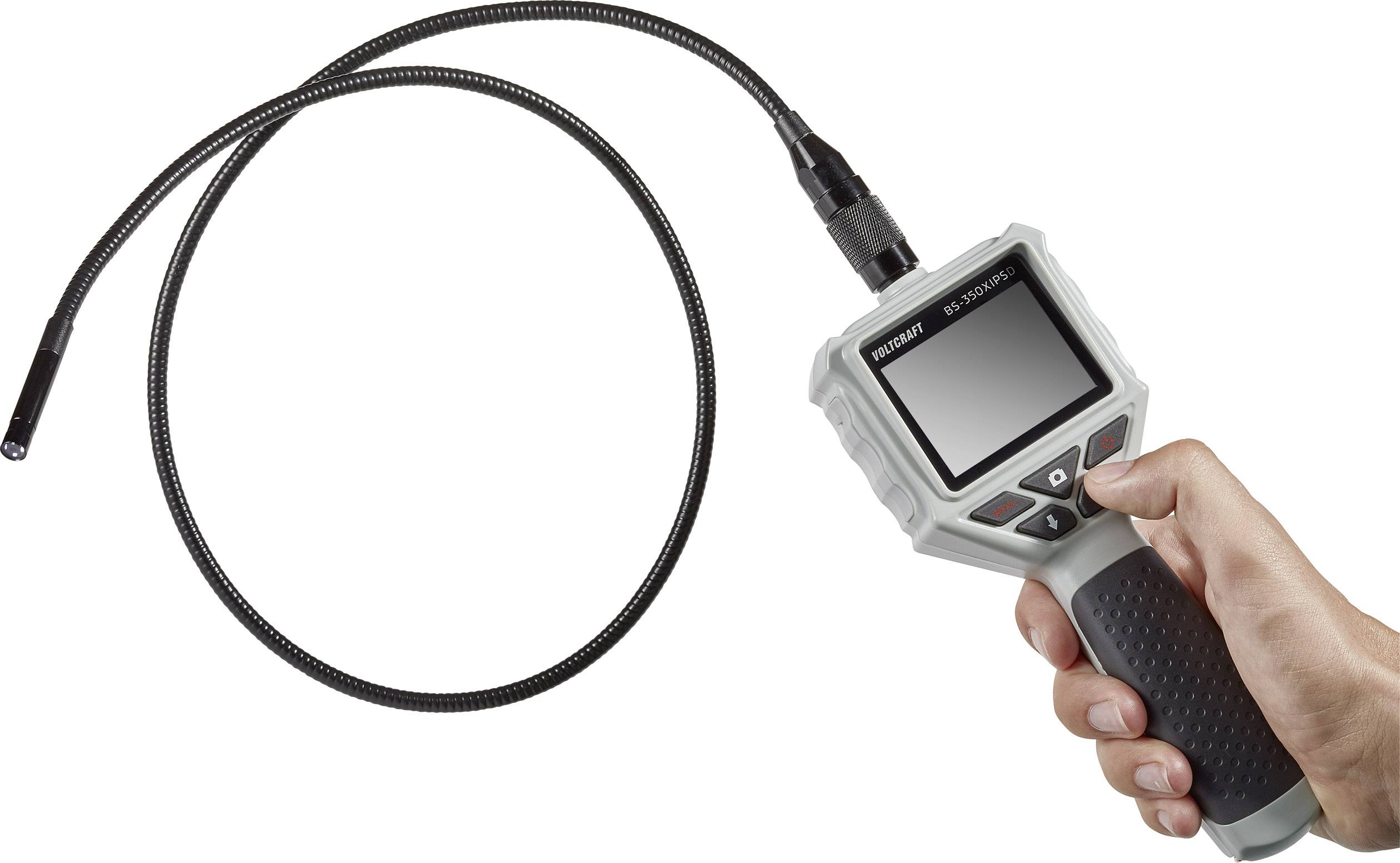 Een hand houdt een endoscoop vast met een flexibel kabel en scherm. Het apparaat is geschikt voor inspectie van moeilijk bereikbare plaatsen.