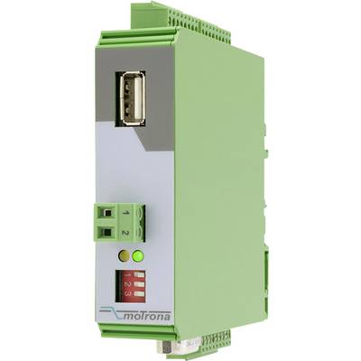 Groen elektronisch apparaat met USB-aansluiting en LED-display, gebruikt voor industriële automatisering of besturingssystemen.