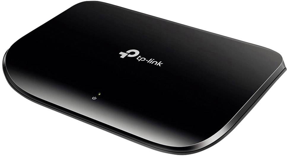 Een zwarte TP-Link WLAN-router met een enkel groen indicatielampje aan de voorkant.