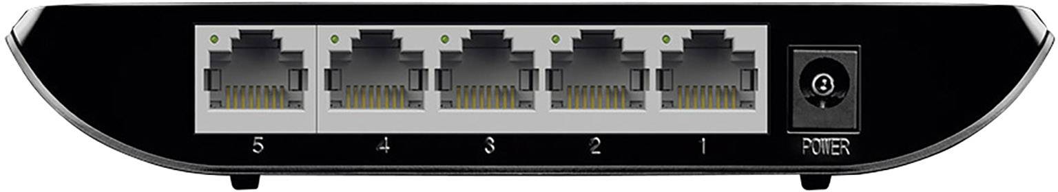 De afbeelding toont de achterkant van een netwerk-switch met vijf Ethernet-poorten, genummerd van 1 tot 5, en een stroomaansluiting.