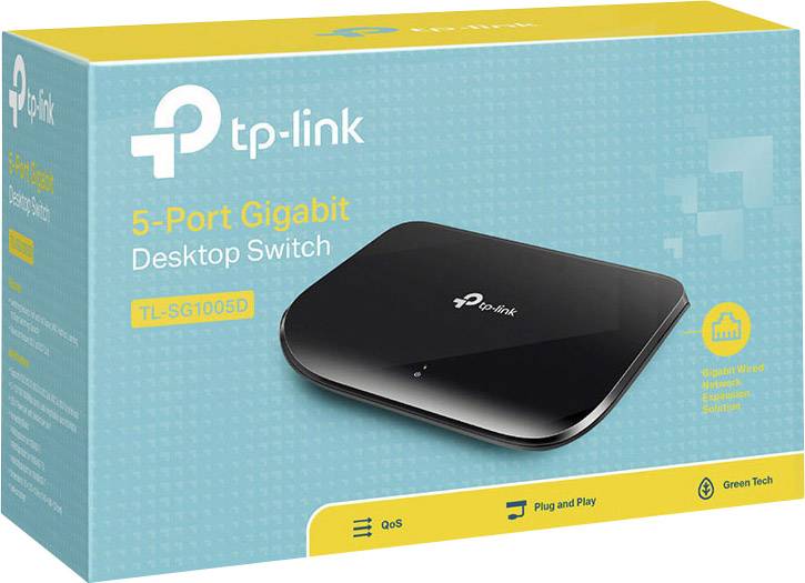 'TP-Link 5-Poorts Gigabit Desktop Switch' op de verpakking. Gele doos met technische details en duurzaamheidssymbolen.