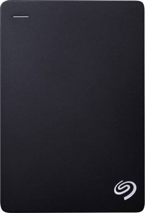 Externe harde schijf in een zwarte behuizing met Seagate-logo rechtsonder.