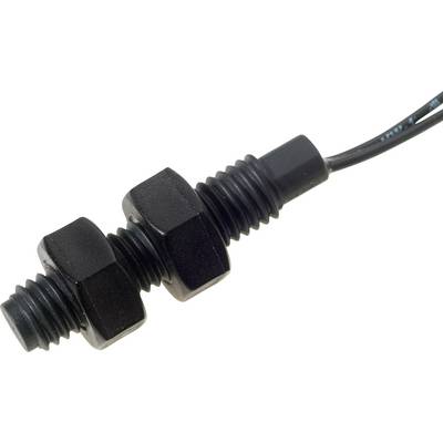 Zwarte magnetische veldsensor met twee zeshoekige moeren en kabel, voor het detecteren van magnetische velden in technische toepassingen.