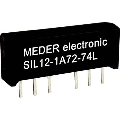 Zwart elektronisch onderdeel met de opdruk 'MEDER electronic SIL12-1A72-74L', zes metalen pinnen steken eronder uit.