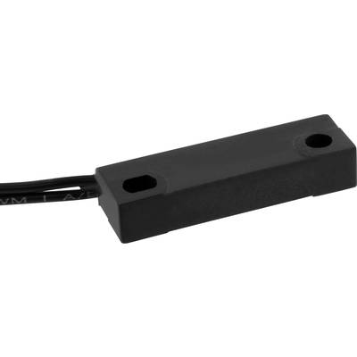 Een rechthoekige magnetsensor met kabelaansluiting. De behuizing is zwart en heeft openingen aan beide uiteinden voor montage.