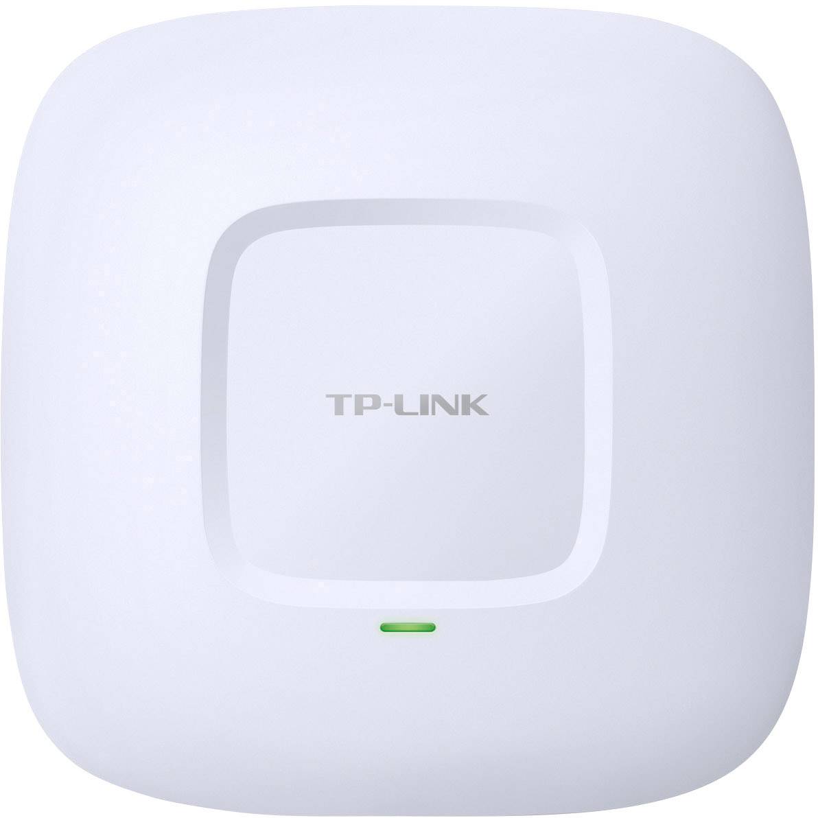Een witte TP-Link WLAN-access point met een vierkante vorm en een kleine groene LED-indicator aan de voorkant.