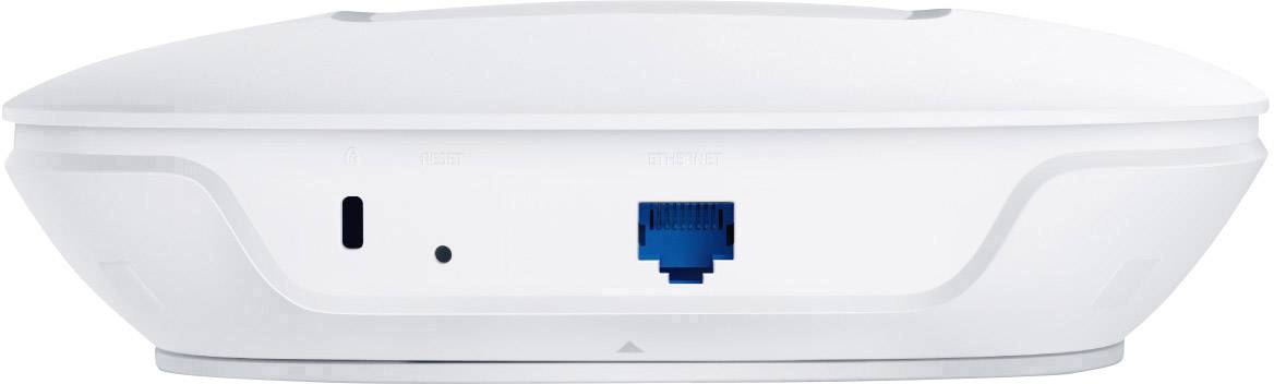 Witte wifi-router met één LAN-aansluiting en een kleine ronde aansluiting aan de achterkant, plat, ovaal ontwerp.