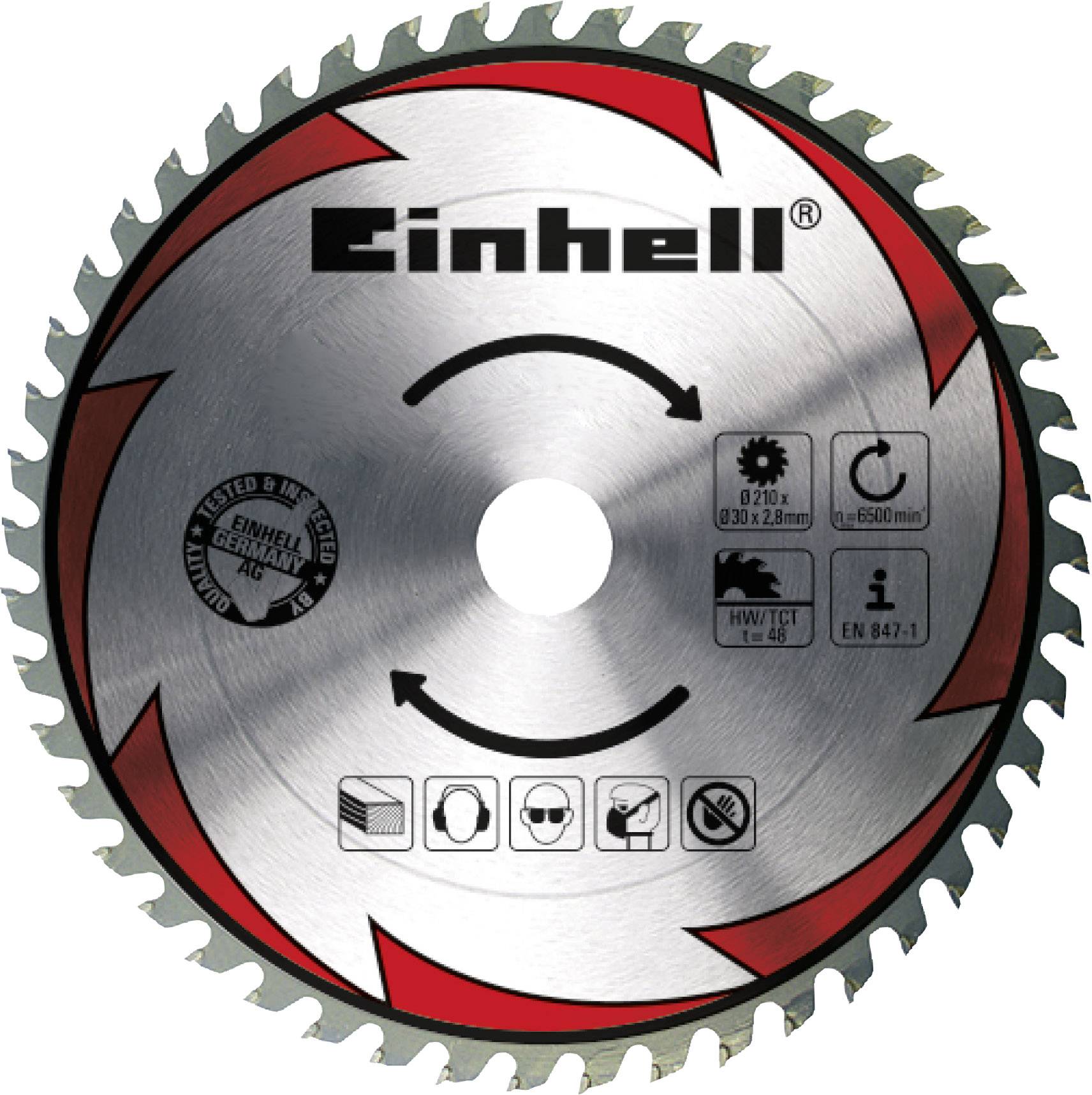'Zaagblad met 24 tanden, merknaam en veiligheidssymbolen voor veiligheidsbril en gehoorbescherming. Diameter 210 mm, toerental tot 6500 rpm.'
