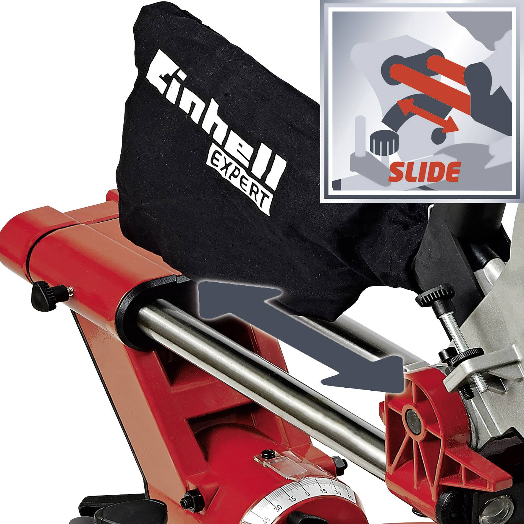 Een rode, elektrische zaag met 'Einhell Expert' opschrift en een schuifmechanisme-symbool; toont de zaag als gemakkelijk verschuifbaar.