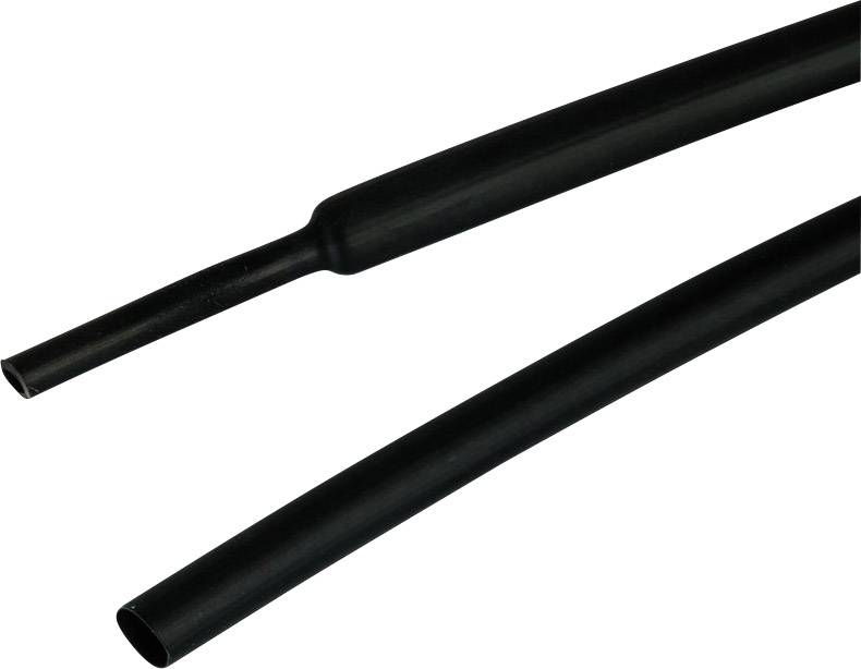 Twee zwarte krimpkousen naast elkaar. Eén is gedeeltelijk gekrompen, de andere toont de volledige diameter vóór het krimpen.
