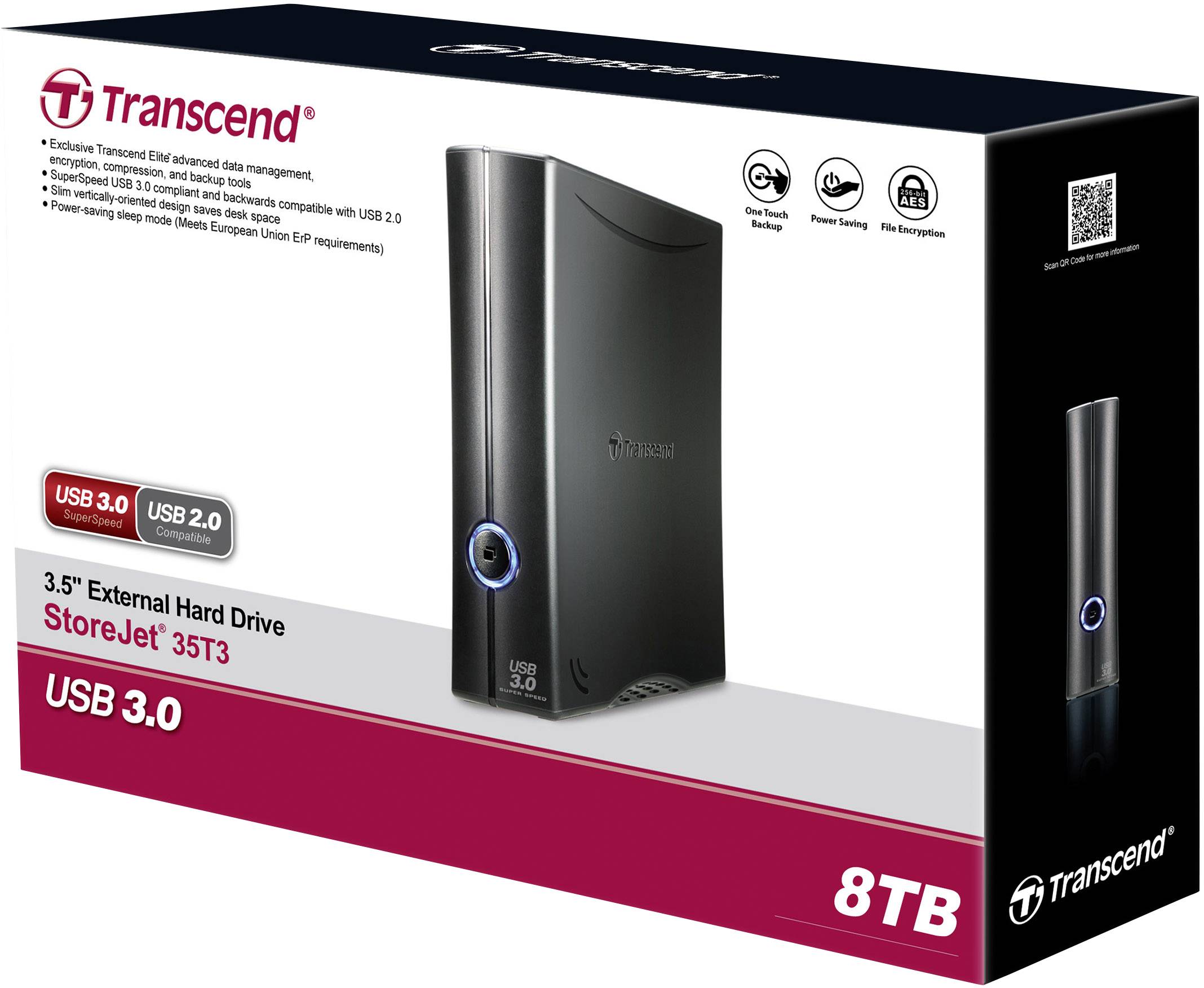 Externe harde schijf 'Transcend StoreJet 35T3', 8 TBopslagcapaciteit, USB 3.0, afbeelding van de verpakking met productfoto en specificaties.
