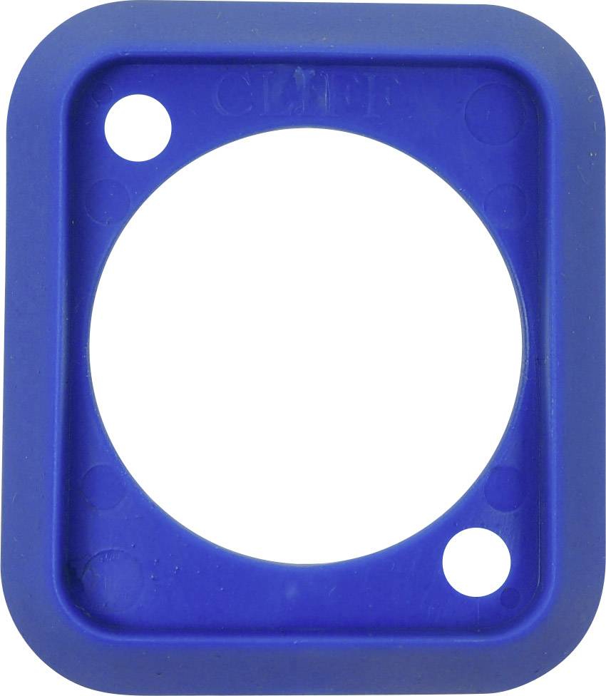 Een blauw, vierkant afgerond stuk kunststof met een groot, centraal gat en twee kleinere gaten bovenaan en onderaan.