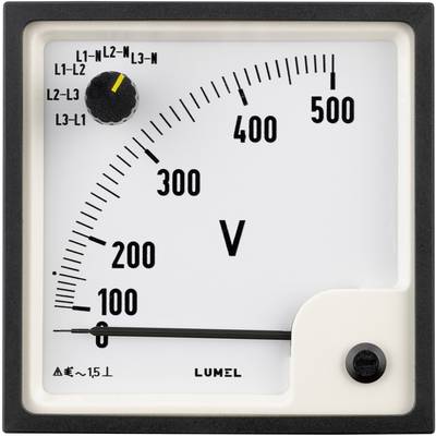 Analoge spanningsweergave van 0 tot 500 volt. Wijzerplaat met gele draaiknop voor fase-instelling. Fabrikant: LUMEL.