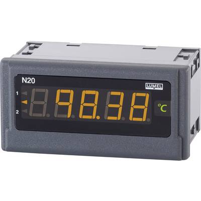 Elektronisch display met digitale weergave '99.99' in gele cijfers en '°C'-symbool, fabrikantenlogo 'Lumel', model 'N20'.