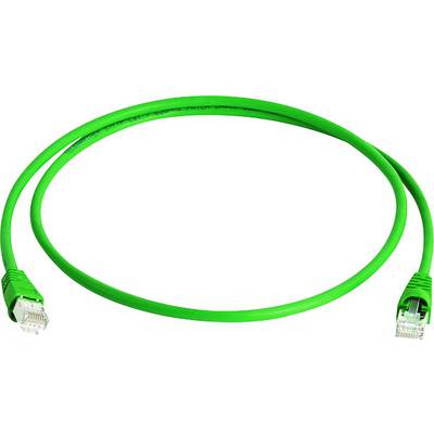 Een groen Ethernet-kabel met twee RJ45-connectoren, dat wordt gebruikt voor het verbinden van netwerkapparatuur zoals computers en routers.
