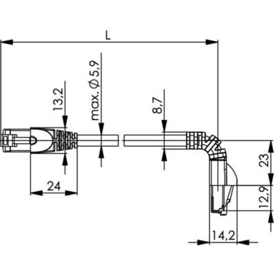 Technische tekening van een haaks aangedreven stekker, toont afmetingen: totale lengte 'L', maximale diameter 5,9, verdere afmetingen 13,2, 24, 8,7, 12,9, 23 en 14,2.