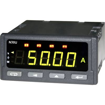Digitaal display van een apparaat toont '50,00 A', met verschillende kleine symbolen erboven. Bedieningstoetsen onderaan het apparaat.