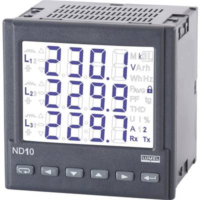 Digitaal display van een meetinstrument met meerdere waarden, waaronder volt en ampère. Bedieningstoetsen onderaan zichtbaar.