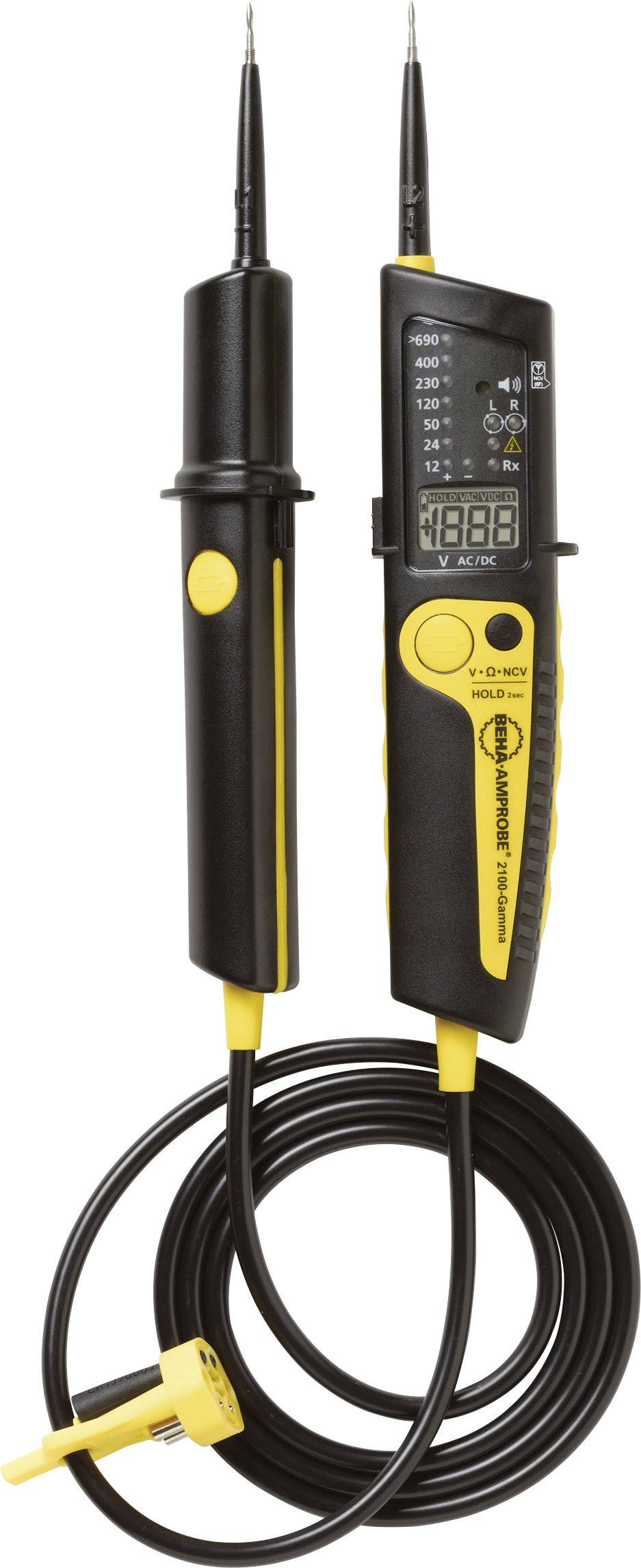 Spanningsmeter in zwart-geel met digitaal display en twee meetpennen, verbonden door een kabel, voor het meten van elektrische spanning.