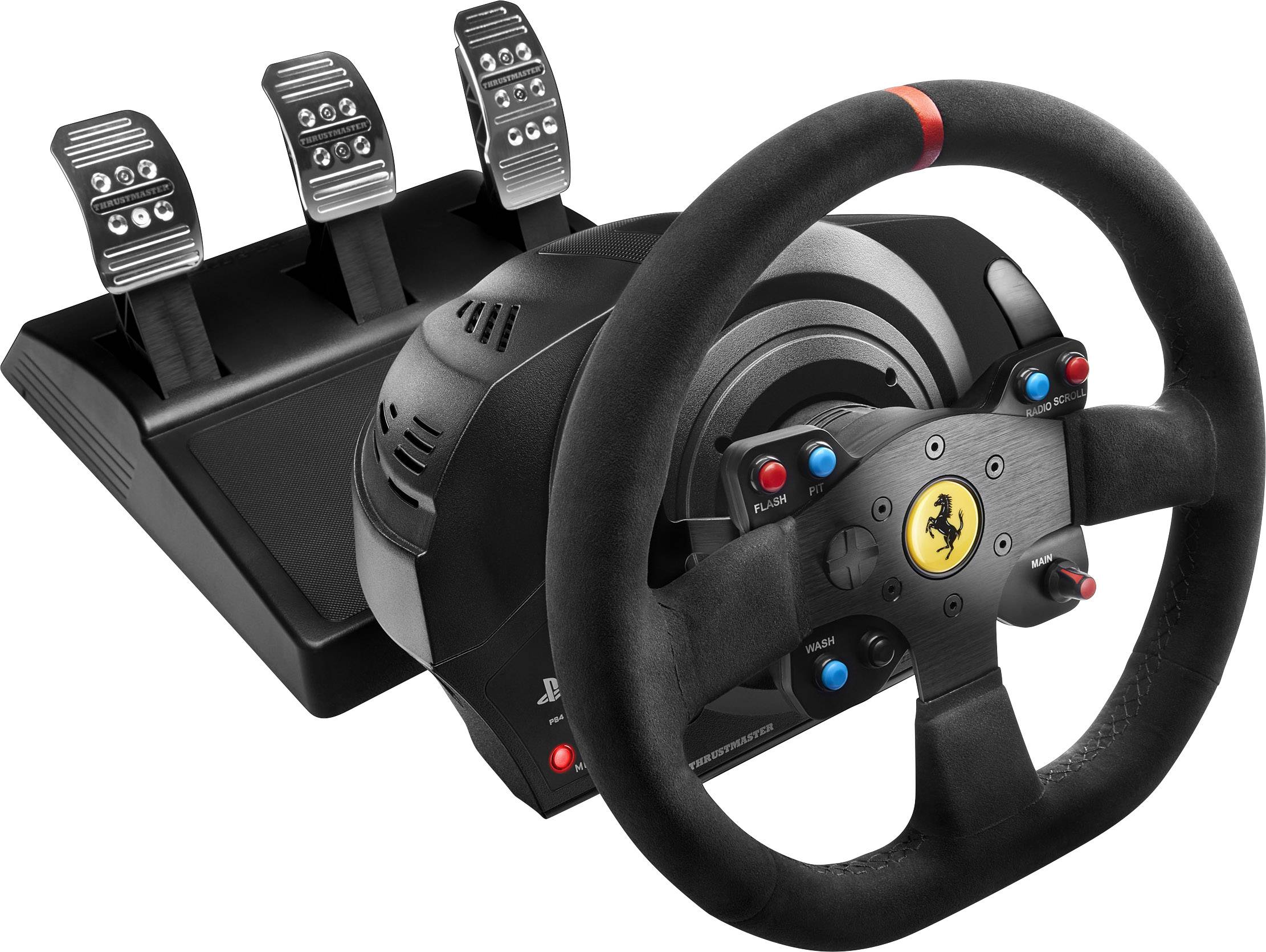 Stuurwiel en pedalen voor racesimulaties, geïnspireerd door Ferrari. Bevat een draaibaar stuurwiel, drie pedalen voor gas, rem en koppeling.