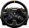 Een zwart Thrustmaster-stuurwiel met een gele streep bovenaan en gekleurde knoppen, geschikt voor racesimulaties of videogames.