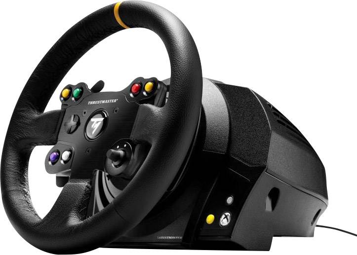 Een zwart gamingstuur met knoppen en kabel staat afgebeeld op een witte achtergrond.